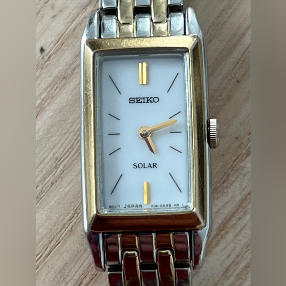 Seiko Solar Ladies Watch Rectangular White Dial Two-Tone Stainless Bracelet